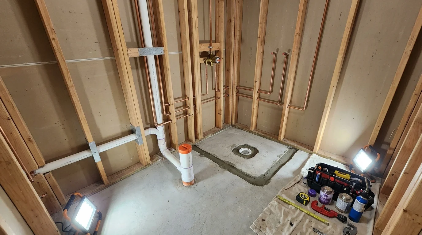 Bathroom rough-in plumbing during remodel by Johns Plumbing LLC in Redwood Falls
