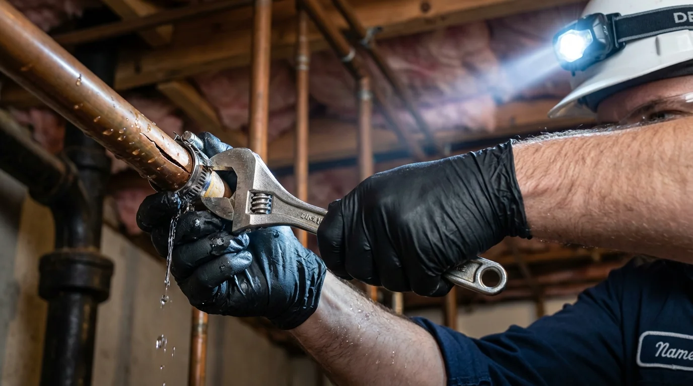 Emergency pipe clamp repair being performed by a Johns Plumbing LLC plumber in Redwood Falls