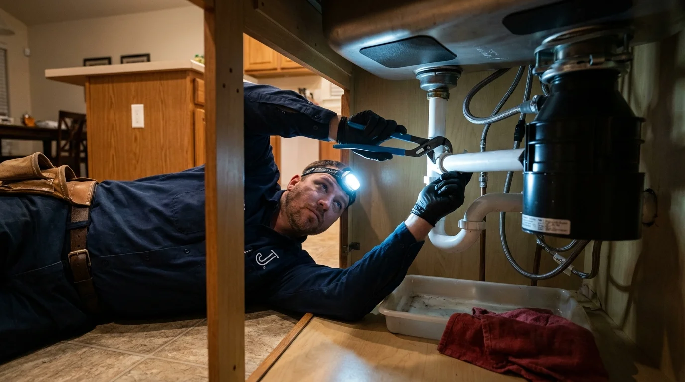 P-trap and supply line connections under a kitchen sink showing a common leak point in Redwood Falls, MN